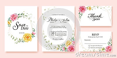 Wedding Invitation, save the date, thank you, rsvp card Design template. Yellow and pink flower, silver dollar, olive leaves, Wax Vector Illustration