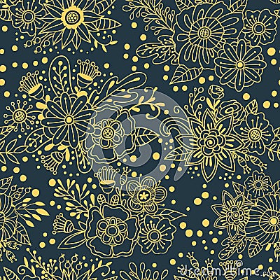 Flower bouquets vector seamless pattern. Floral decorative grey background with gold ornaments Vector Illustration