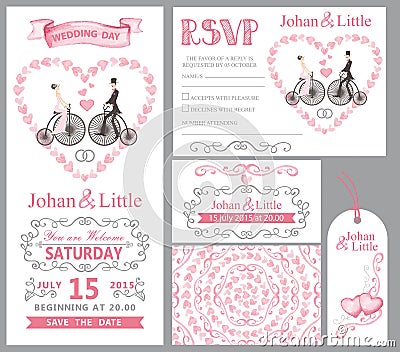 Wedding invitation set.Bride,groom,retro bike,Pink decor Vector Illustration