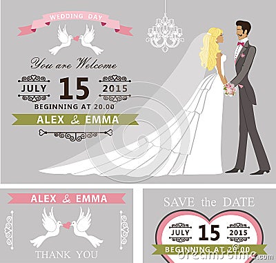 Wedding invitation set. Cartoon bride and groom Vector Illustration