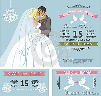 Wedding invitation set. Kissing Cartoon bride and groom. Retro Vector Illustration