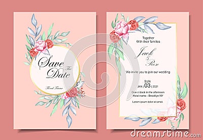 Wedding Invitation Set of Watercolor Floral Ornament and Golden Frame with Elegant Color Design Concept. Roses and Peony Flower Vector Illustration