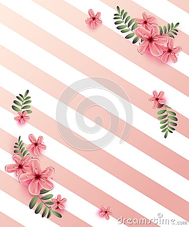 Wedding invitation with Spring flowers on pink background. Cherry blossom Vector Illustration