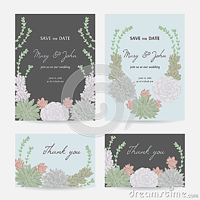 Wedding invitation with succulents. Save the date cards with collection decorative floral design elements. Vector Illustration