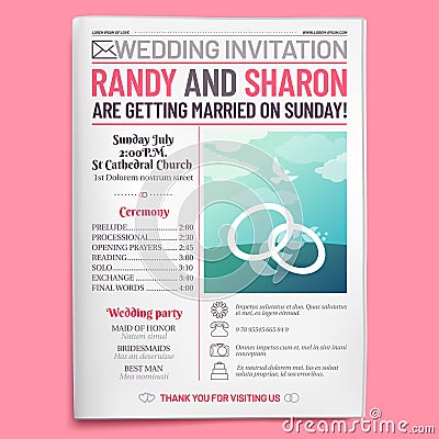 Wedding invitation tabloid. Newspaper front page, getting married brochure and old love journal layout vector illustration Vector Illustration