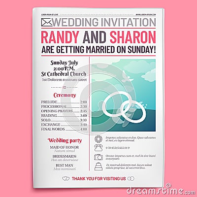 Wedding invitation tabloid. Newspaper front page, getting married brochure and old love journal layout vector Vector Illustration