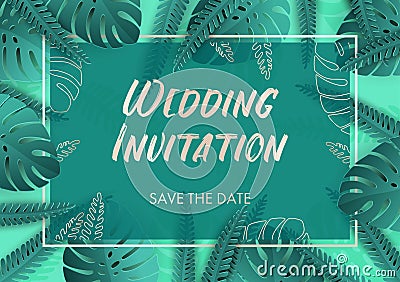 Wedding invitation in teal colors with silver details and tropical leaves Vector Illustration