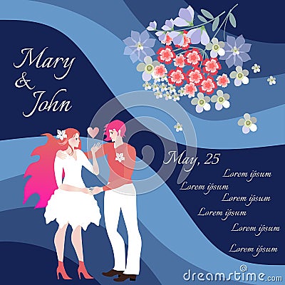 Wedding invitation template. Cute card with loving couple of bride and groom and bouquet of beautiful flowers Vector Illustration