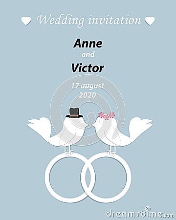 Wedding invitation template with a pair of birds,the bride and g Vector Illustration