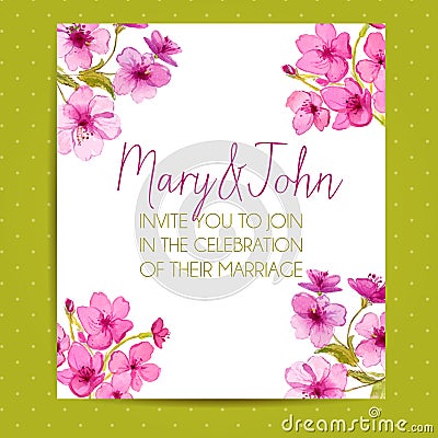 Wedding invitation template with sakura flowers Vector Illustration