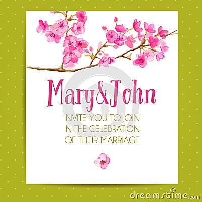 Wedding invitation template with sakura flowers Vector Illustration