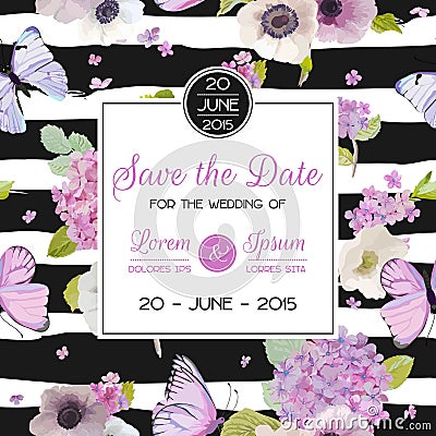 Wedding Invitation Template. Save the Date Card with Butterflies and Hydrangea Flowers. Greeting Floral Postcard Vector Illustration