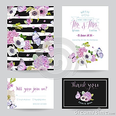 Wedding Invitation Template Set. Botanical Card with Hydrangea Flowers and Butterflies. Greeting Floral Postcard Vector Illustration
