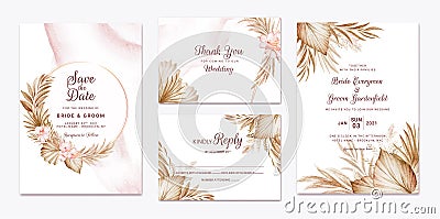 Wedding invitation template set with brown dried floral and leaves decoration. Botanic card design concept Vector Illustration