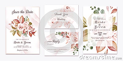 Wedding invitation template set with brown and peach dried floral and leaves decoration. Botanic card design concept Vector Illustration