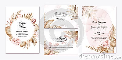 Wedding invitation template set with brown and peach dried floral and leaves decoration. Botanic card design concept Vector Illustration