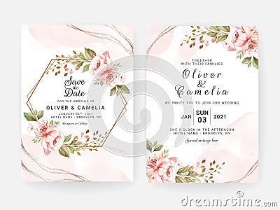 Wedding invitation template set with brown and peach dried floral and leaves decoration. Botanic card design concept Vector Illustration