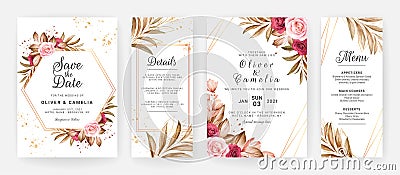 Wedding invitation template set with burgundy and brown roses flowers and leaves decoration. Botanic card design concept Vector Illustration