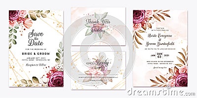 Wedding invitation template set with burgundy and brown roses flowers and leaves decoration. Botanic card design concept Vector Illustration