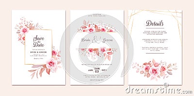 Wedding invitation template set with romantic floral frame and gold line. Roses and sakura flowers composition vector for save the Vector Illustration