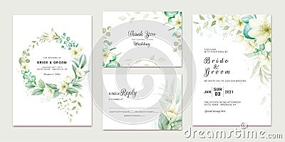 Wedding invitation template set with soft watercolor floral frame and border decoration. Botanic illustration for card composition Vector Illustration