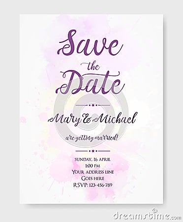 Wedding invitation template with watercolor blots Vector Illustration