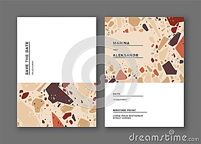 Minimalist postcards with terrazzo flooring texture in restrained colors Vector Illustration