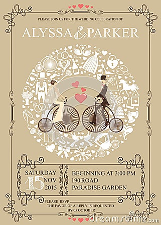 Wedding invitation.Wreath,Bride,groom,retro Vector Illustration