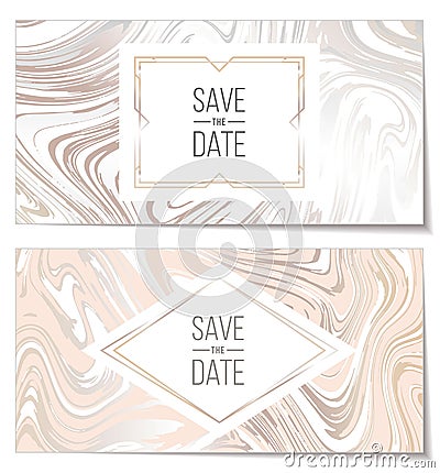 Wedding invitations with rose gold Marble paper texture imitation, suminagashi ink stains background Vector Illustration