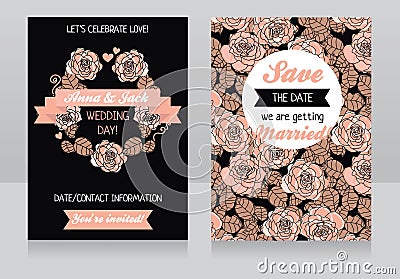 Wedding invitations with roses wreath Vector Illustration