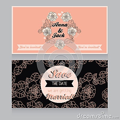 Wedding invitations with roses wreath Vector Illustration