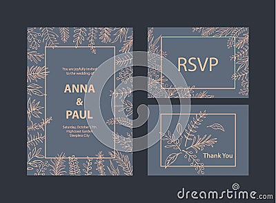 Wedding invitations templates set with floral leaf branches twigs Vector Illustration