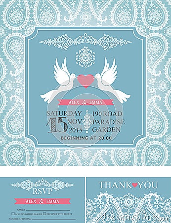 Wedding invitations.Winter paisley pattern,pigeons Vector Illustration