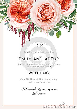 Wedding invite card, invitation. Pale coral & dusty peach roses, astrantia plant, pink heather flowers, burgundy red amaranth, Vector Illustration