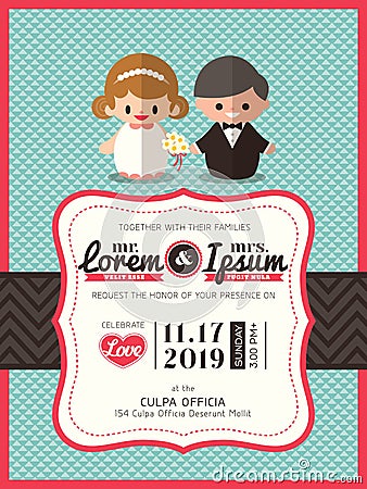 Wedding invite card template with groom and bride cartoon Vector Illustration