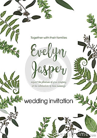 Wedding invite invitation card vector floral greenery design. Fe Vector Illustration
