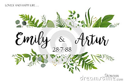 Wedding invite invitation card vector floral greenery design: Forest fern frond, Eucalyptus branch green leaves foliage herb Vector Illustration