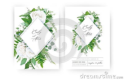 Wedding invite, invitation, floral save the date card. Vector ivory white powder peony Rose flower, Eucalyptus branch, greenery Vector Illustration