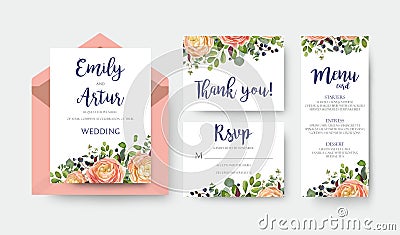 Wedding invite invitation menu thank you rsvp card vector floral Vector Illustration