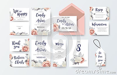 Wedding invite, invitation menu, thank you, rsvp, label card vector floral design with pink peach garden Rose, white peony flower Vector Illustration