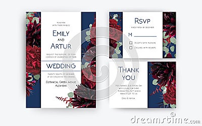 Wedding invite invitation, rsvp, thank you card floral color design. Red rose flowers, dahlias, eucalyptus silver dollar branches Vector Illustration