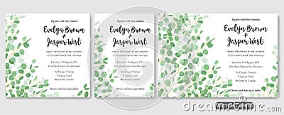 Wedding invite, invitation rsvp thank you card vector floral greenery design: evergreen leaf Eucalyptus branch, foliage herbs Vector Illustration