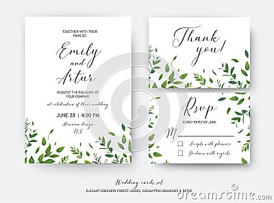 Wedding invite, invitation, RSVP, thank you cards vector art design. Watercolor style green leaves, eucalyptus tree Vector Illustration