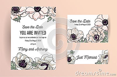 Wedding invite, invitation, save the date card design with elegant powder pink garden anemone, wax flowers leaves Vector Illustration