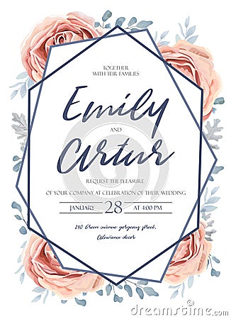 Wedding invite, invitation, save the date card design: pink peach garden rose flower, blue dusty miller leaves, fern greenery for Vector Illustration