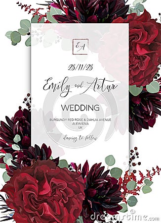 Wedding invite, invitation save the date card design. Red marsala rose flower, burgundy dahlia, eucalyptus silver dollar branches Vector Illustration