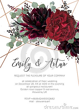 Wedding invite, invitation save the date card floral design. Red Vector Illustration