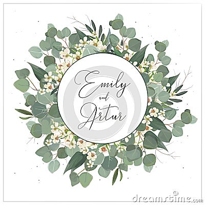 Wedding invite, invitation, save the date card floral design. Wreath monogram with silver dollar eucalyptus greenery leaves, green Vector Illustration