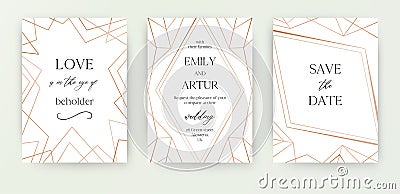 Wedding invite, invitation save the date card modern design with geometrical golden rose, copper, metallic foil classy decorative Vector Illustration