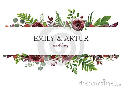 Wedding invite, invitation, save the date card. Vector floral bouquet frame design: red garden Anemone flower, burgundy & silver Vector Illustration